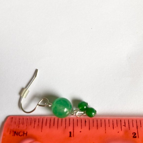 Green Jade Stone Earrings Silver Plated Dangle Round Bead Malaysian Light 2-6mm - Picture 8 of 9